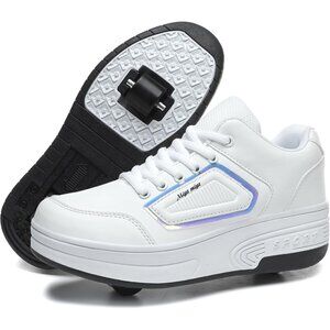 Kids White Recharge Able Wheels Sneakers Fashion Roller Wheeled Skate Shoes